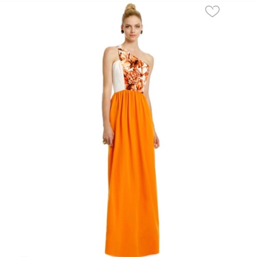 Sachin + Babi Orange and Brown One-Shoulder Gown for Prom